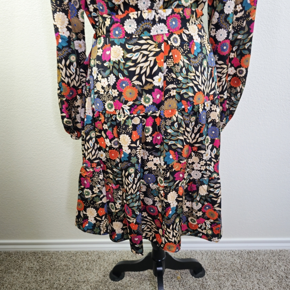 Maia Floral Drop Tie Waist Ruffle Black Long Sleeve Dress 14 - Picture 11 of 13
